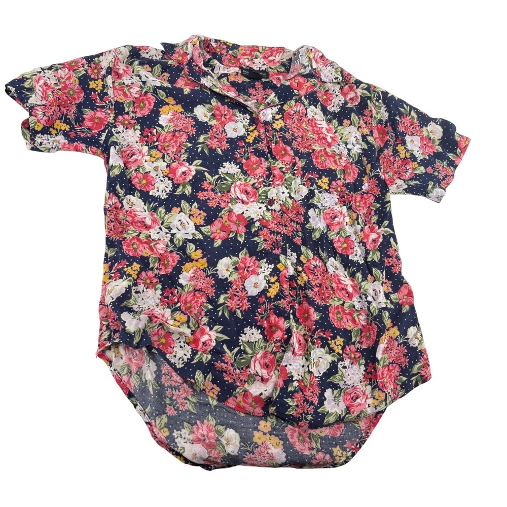 Hunters Run Womens Floral Polka Dot Rayon Button Up Shirt Navy Red Small 3303